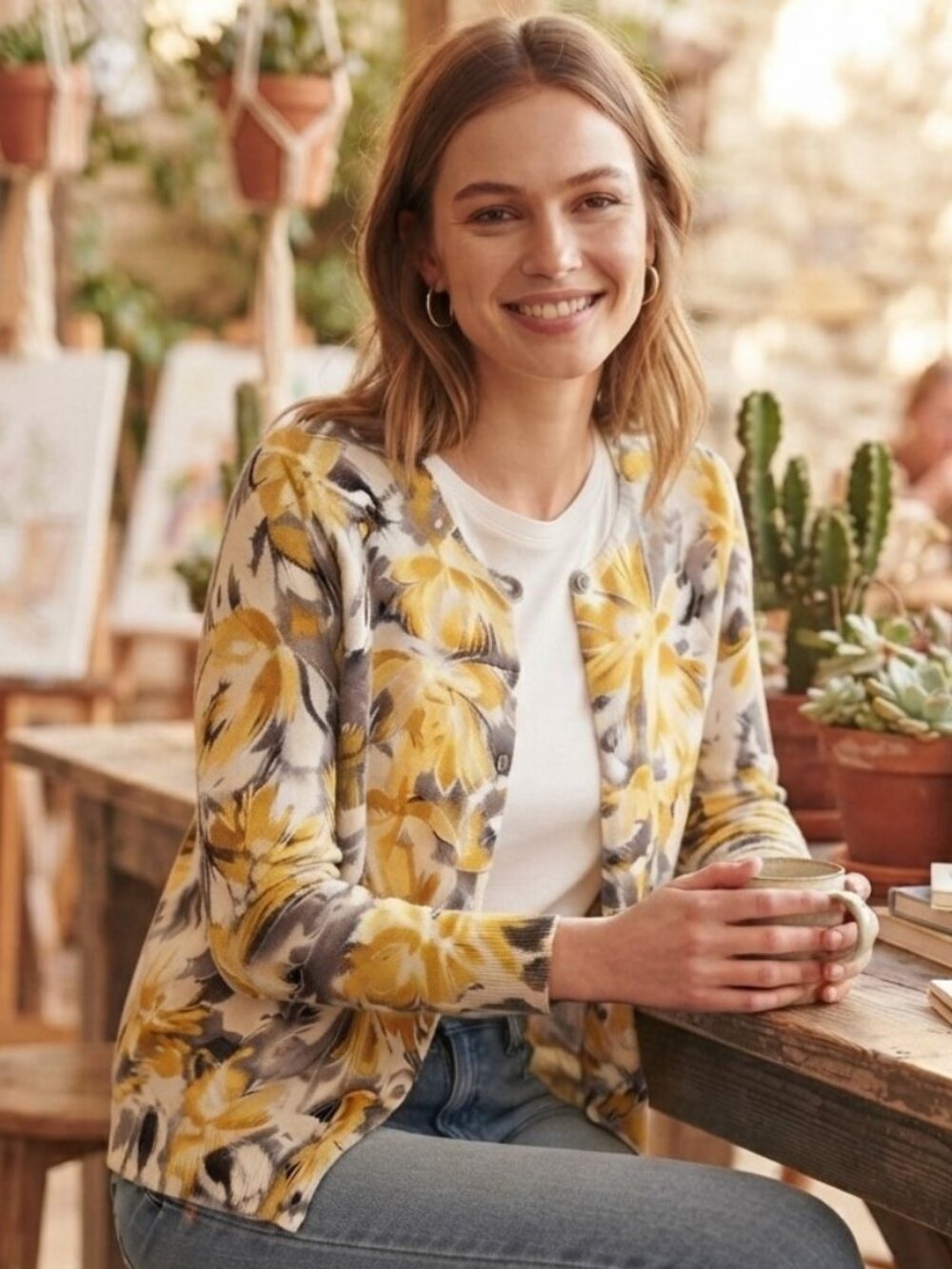 Floral Long Sleeve Cardigan Yellow Gray XL